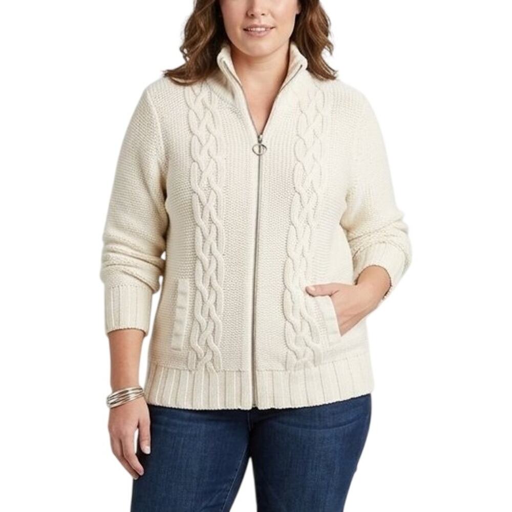 OLD NAVY Lambswool Blend Full Zip Chunky Cable Knit Sweater in Cream SZ XL